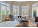 Bright sitting room with bay windows and shutters, modern desk, and stylish zebra rug at 4510 Old Course Dr, Charlotte, NC 28277
