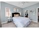 Light-filled bedroom featuring blue walls, a black headboard bed, and decorative artwork at 14946 Shinner Dr, Huntersville, NC 28078