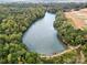 Expansive aerial view of a lake surrounded by lush greenery and visible cityscape in distance at 3063 Finchborough Ct # 216, Charlotte, NC 28269