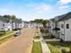 Street view featuring craftsman-style homes with sidewalks, manicured lawns, and a clear blue sky above at 3063 Finchborough Ct # 216, Charlotte, NC 28269