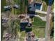 Overhead aerial shot of landscaped yard, house, and private dock on a lake at 108 N Oakwood Dr, Kings Mountain, NC 28086