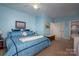 Bright bedroom with blue walls, a comfortable bed, and access to an ensuite bathroom at 108 N Oakwood Dr, Kings Mountain, NC 28086