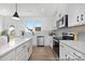 Modern kitchen with stainless appliances, white quartz counters, white cabinets, an island, and gray backsplash at 2310 Bulwarks Ct # 9P, Albemarle, NC 28001