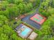 Aerial view showcasing community amenities: pool, tennis courts, playground and ample parking, perfect for recreation at 3222 Shadow Lake Ln, Matthews, NC 28104