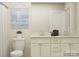 Bright bathroom featuring double sink vanity with white cabinets, white toilet, and neutral wall color at 4187 Skyboat Cir, Fort Mill, SC 29715