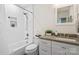 This bathroom features white cabinets, a gray countertop, and a shower and bath combo at 4329 Castleton Rd, Charlotte, NC 28211