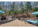 Professionally landscaped backyard with stone outdoor kitchen and fire pit at 5136 Samoa Ridge Dr, Lancaster, SC 29720