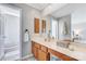 Bathroom featuring a light wood vanity, large mirror and a doorway view into the shower and toilet at 8250 Tradd Ct, Charlotte, NC 28210