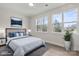 Bright bedroom features plush bedding, two windows offering ample natural light, and mountain view art at 113 Homewood Ln, Statesville, NC 28625