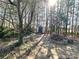 View of a backyard with shed and fire pit surrounded by trees at 12217 Greymore Ct, Charlotte, NC 28277