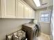 Modern laundry room with front loading washer and dryer and bright white cabinets at 12217 Greymore Ct, Charlotte, NC 28277