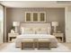 Inviting bedroom with a neutral palette features a comfortable bed, decorative lamps, and wall art at 1816 Otter Perch Ln, Fort Mill, SC 29715