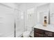 Clean bathroom featuring a glass enclosed shower and single sink vanity at 7314 Rupell Dr, Charlotte, NC 28273