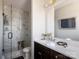 Elegant bathroom featuring a marble shower, modern vanity, and stylish decor at 1500 Levy Way, Charlotte, NC 28205