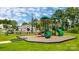 Community playground featuring a colorful playset and seating, with clubhouse in the background at 4223 Black Ct # 195, Harrisburg, NC 28075