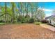 Large private backyard with mature trees and brick patio near the house at 5923 Carriage Oaks Dr, Charlotte, NC 28262