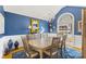 Elegant dining room with blue accent wall, chandelier, and stylish wooden table set for six at 801 Toncin Ave, Bessemer City, NC 28016