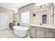 Luxurious bathroom featuring a soaking tub, double vanity, and modern fixtures at 967 Stebbins Dr, Fort Mill, SC 29715