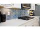 Close-up of modern kitchen featuring sleek countertops, stainless steel appliances, and blue tile backsplash at 1055 Merganser Way, Indian Trail, NC 28079