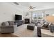 Comfortable living room featuring plush seating, a fireplace, large television, and decorative accents at 14235 Canemeadow Dr # 102, Charlotte, NC 28278