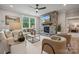 Warm living room featuring a stone fireplace, modern furnishings, and a view of the backyard at 2029 Mantle Ridge Dr, Indian Trail, NC 28079