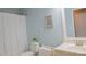 Bathroom with a toilet, shower curtain, and white vanity with 'For Sale' overlay at 513 Buttercup Way, Fort Mill, SC 29715