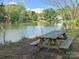 Lake view with picnic table surrounded by lush greenery and trees at 7417 Shadowlake Dr, Charlotte, NC 28226