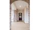 Front door of the home with beautiful stone surround and craftsman style architecture at 129 Doncaster Dr, Mooresville, NC 28115