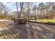 Spacious wooden deck with a wooden table and chairs surrounded by natural landscaping at 624 Flicker St, Concord, NC 28027