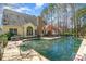 Backyard pool with patio surrounded by tall trees and landscaping creates an inviting outdoor living space at 8704 Dartmoor Pl, Mint Hill, NC 28227