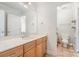 Bright bathroom features a large mirror and wood-finished cabinets, offering both style and functionality at 8704 Dartmoor Pl, Mint Hill, NC 28227