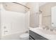 This clean bathroom features a tub/shower combo and modern fixtures for a functional, updated space at 8704 Dartmoor Pl, Mint Hill, NC 28227