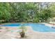 Sparkling in-ground pool surrounded by mature trees offers a private outdoor retreat at 8704 Dartmoor Pl, Mint Hill, NC 28227