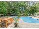 Relaxing pool area with a dining table and lush greenery creating a private oasis, perfect for outdoor entertaining at 8704 Dartmoor Pl, Mint Hill, NC 28227
