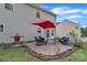 Backyard patio with outdoor seating, a red umbrella, grill, and well-maintained landscaping creating a relaxing space at 1017 Chalk Hill Ln, Charlotte, NC 28214