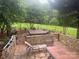 Beautiful backyard stone patio with hot tub, lounge chairs, and landscaped garden at 1308 Moonshadow Ln, Shelby, NC 28150