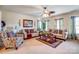 Sunlit living room with couches, patterned accent chair and coffee table at 10202 Little Whiteoak Rd, Charlotte, NC 28215