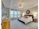 Bright main bedroom featuring large windows, tray ceiling, neutral paint, and ensuite access at 9607 Kestral Ridge Dr, Charlotte, NC 28269