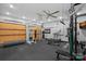 Well-equipped home gym with a garage door, ceiling fan, and various exercise machines at 19117 Davidson Concord Rd, Davidson, NC 28036