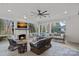 Cozy screened porch features a fireplace, TV, and comfortable seating, perfect for relaxation at 19117 Davidson Concord Rd, Davidson, NC 28036
