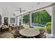 Covered patio with ample seating offers views of a serene pool and well-manicured yard at 19117 Davidson Concord Rd, Davidson, NC 28036