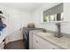 Clean laundry room with gray cabinets, granite counters, washer, and shelving at 3301 Mountainbrook Rd, Charlotte, NC 28210