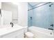Bathroom features modern blue tile, a bathtub, and a bright white sink and vanity at 2544 Pinestream Dr, Charlotte, NC 28216