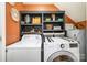 Functional laundry room with shelving, a washer, and a dryer for convenient laundry care at 4741 Eaves Ln, Charlotte, NC 28215