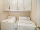 Laundry room featuring a white washer and dryer and overhead cabinets at 1730 Sanridge Wind Ln, Charlotte, NC 28262