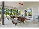 Covered patio featuring a large picnic table, ceiling fan, and sliding glass doors to the home at 7204 E 218 Hwy, Marshville, NC 28103