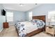 Bedroom with light blue walls, wood trim, and bright, natural light from the two windows at 1809 Mill Creek Sw Ln, Concord, NC 28025