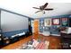 Home theater boasts a large screen, projector, hardwood floors, and stylish movie decor at 4232 Belle Meade Cir, Belmont, NC 28012