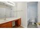 Bathroom with a vanity sink and drawers, a large mirror with decorative lighting, and toilet at 4818 Grier Farm Ln, Charlotte, NC 28270