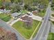 This aerial view shows the property has a detached garage, mature trees, and a lawn at 2301 Shamrock Dr, Charlotte, NC 28205